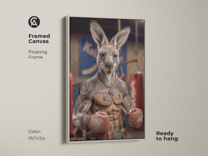 Framed canvas features a tattoo kangaroo boxer ready to hang. A white floating frame complements the humorous animal artwork. Ideal for man cave decor this photorealistic print suits boxing fans. The industrial artwork uses red gloves and a tan and brown color palette