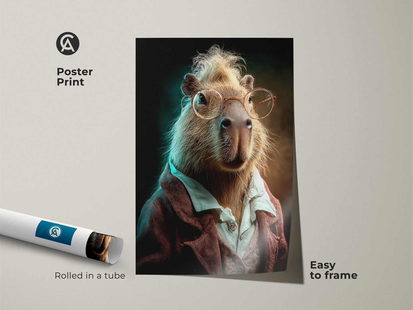 Poster print of a funny capybara in glasses rolled in a tube. Easy to frame this animal art print adds quirky charm to any space. A great study buddy gift for animal lovers