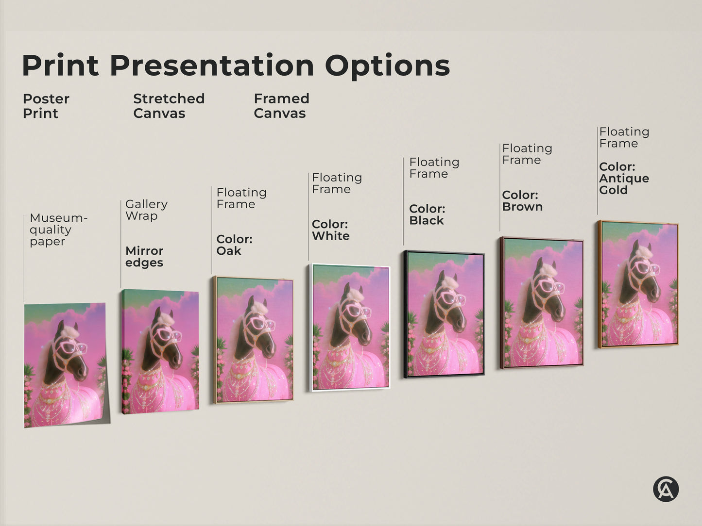 Print Presentation Options for Glam Horse Art. Choose from poster print stretched canvas or framed canvas. Options include gallery wrap and floating frames in various colors. Find the perfect style for your pink teal horse print. It's ideal for equestrian home decor.