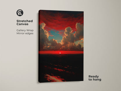 Stretched crimson sunset canvas art ready to hang. Gallery wrapped with mirrored edges. This red and teal clouds print captures a dramatic skyscape. Ideal nature landscape artwork for a contemporary bedroom. This modern ocean sunset art adds coastal charm.