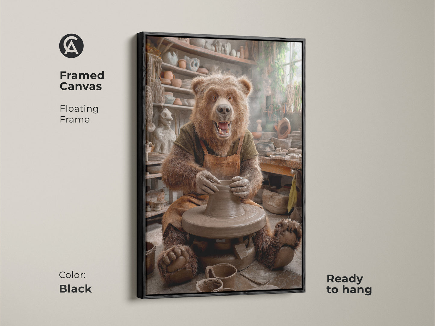 Framed canvas of a bear at a pottery wheel in black. Floating frame adds a touch of elegance. Ready to hang craftsmanship wall decor. Perfect for adding animal artistry to any space. Earthy terracotta tones for a unique pottery gift.