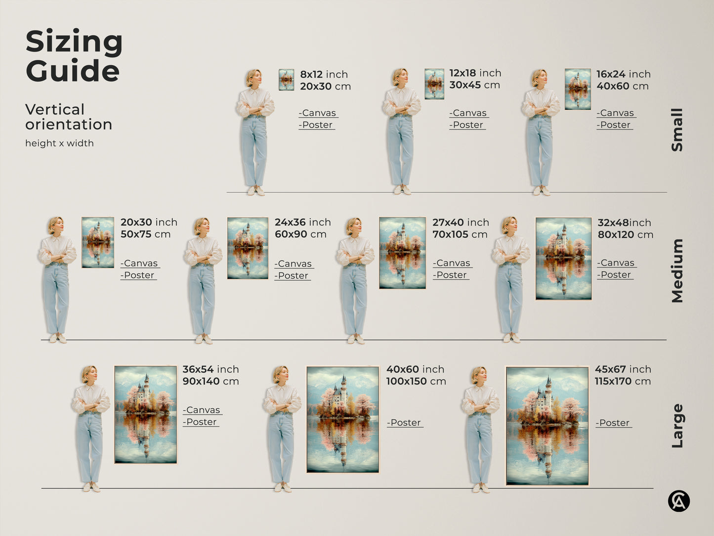 Sizing Guide for Vertical Pastel Castle art orientation. Canvas and poster options are available in various sizes. Perfect for eclectic bedroom decor. Ranging from small to large options.
