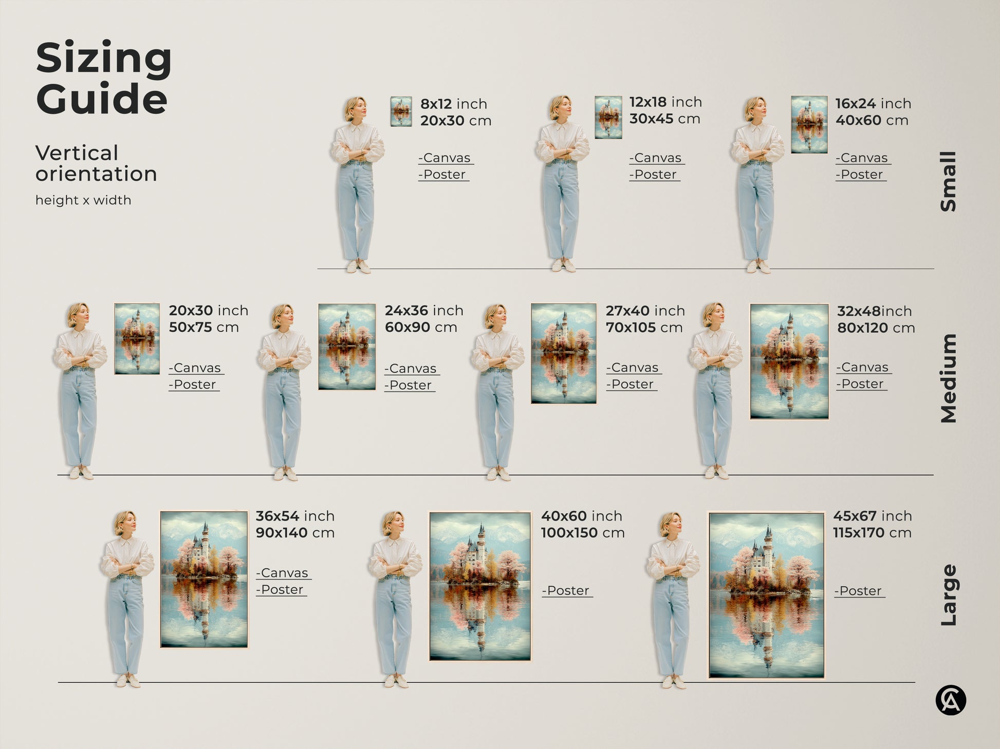 Sizing Guide for Vertical Pastel Castle art orientation. Canvas and poster options are available in various sizes. Perfect for eclectic bedroom decor. Ranging from small to large options.