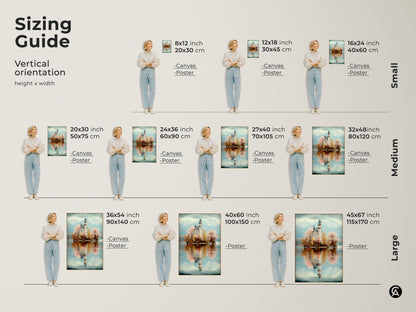 Sizing Guide for Vertical Pastel Castle art orientation. Canvas and poster options are available in various sizes. Perfect for eclectic bedroom decor. Ranging from small to large options.