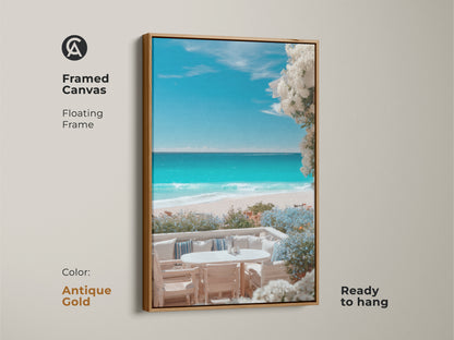 Framed beach canvas art with a floating antique gold frame. This ready to hang artwork captures a tranquil coastal scene. The turquoise water and white sand create a serene ambiance. Enhance your home with this elegant beach art.