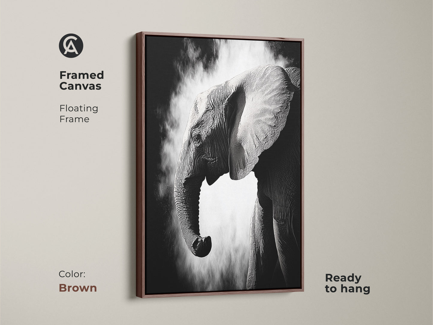 Brown framed canvas showcasing a monochrome elephant art print ready to hang. The floating frame highlights the high-contrast wildlife artwork. Ideal animal wall decor for a modern or traditional setting. A great gift for those who appreciate powerful animal art.