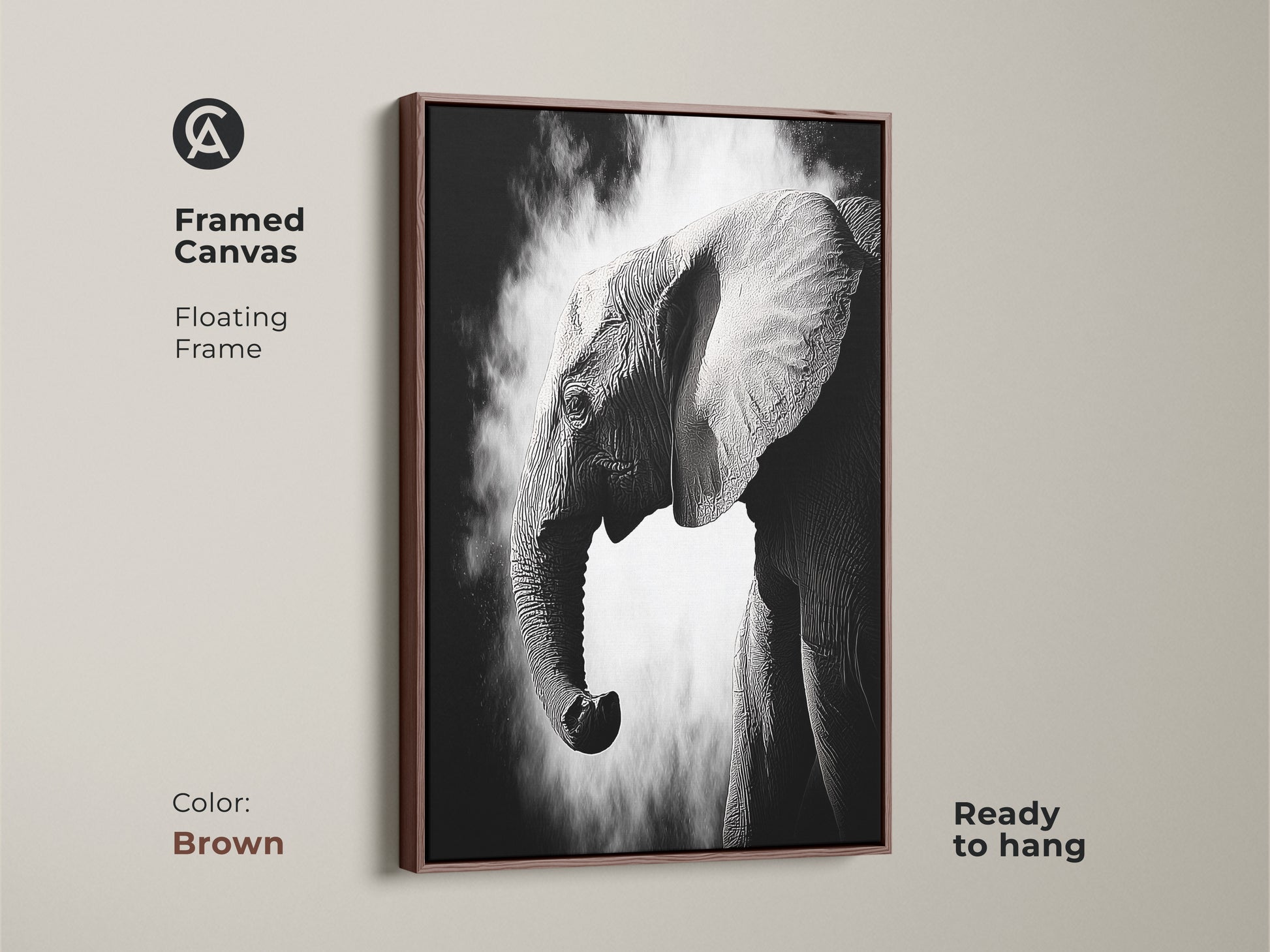 Brown framed canvas showcasing a monochrome elephant art print ready to hang. The floating frame highlights the high-contrast wildlife artwork. Ideal animal wall decor for a modern or traditional setting. A great gift for those who appreciate powerful animal art.