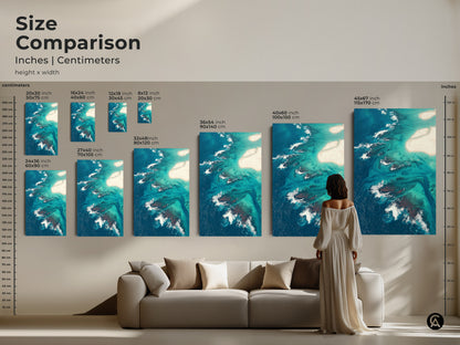 Size comparison of abstract aerial ocean art in inches and centimeters. See how the canvas and poster prints fit in a living room setting. Choose the perfect scale for your coastal turquoise beach artwork.