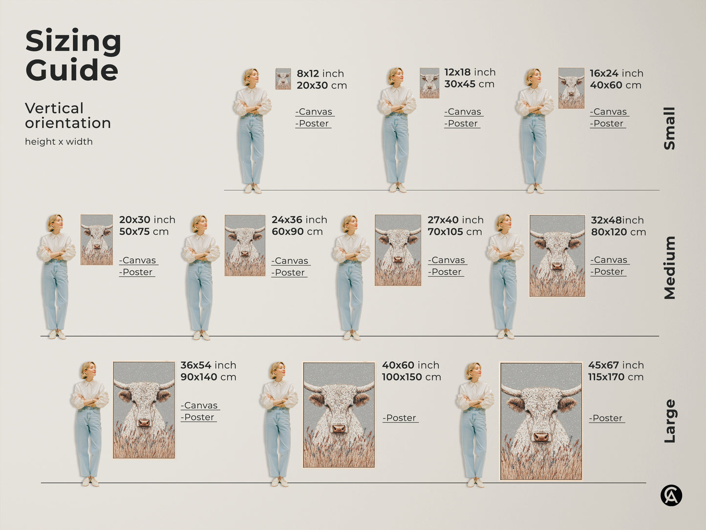 Sizing guide for vertical white longhorn bull artwork. Available as canvas or poster in sizes from small to large. Visualize the artwork's impact in different dimensions. Find the ideal fit for your wall.