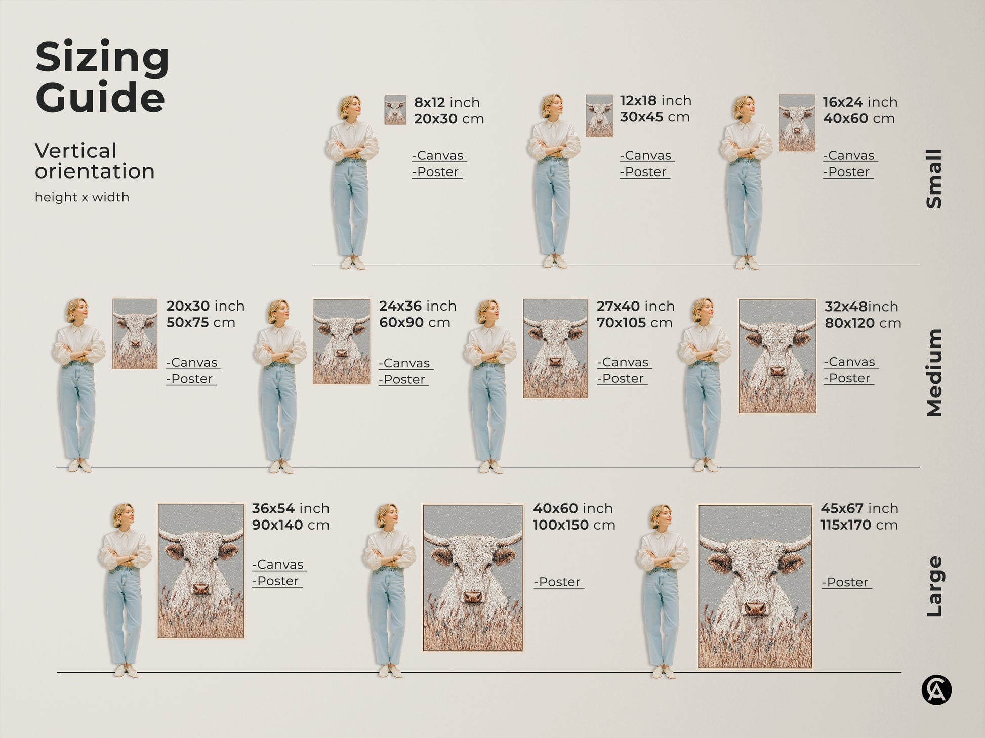 Sizing guide for vertical white longhorn bull artwork. Available as canvas or poster in sizes from small to large. Visualize the artwork's impact in different dimensions. Find the ideal fit for your wall.