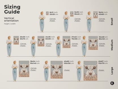 Sizing guide for vertical white longhorn bull artwork. Available as canvas or poster in sizes from small to large. Visualize the artwork's impact in different dimensions. Find the ideal fit for your wall.