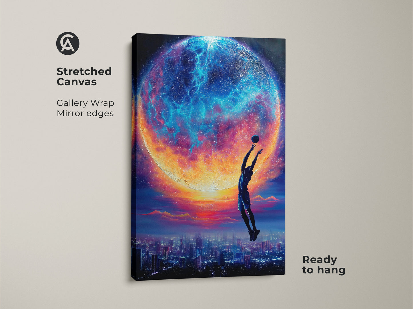 Elevate your decor with this surreal basketball art print. This stretched canvas has mirror edges and is ready to hang. The space planet art creates a dreamy backdrop. The fantasy cityscape wall art pops with blue teal and orange colors. It is perfect for a modern office or a sports-themed room.