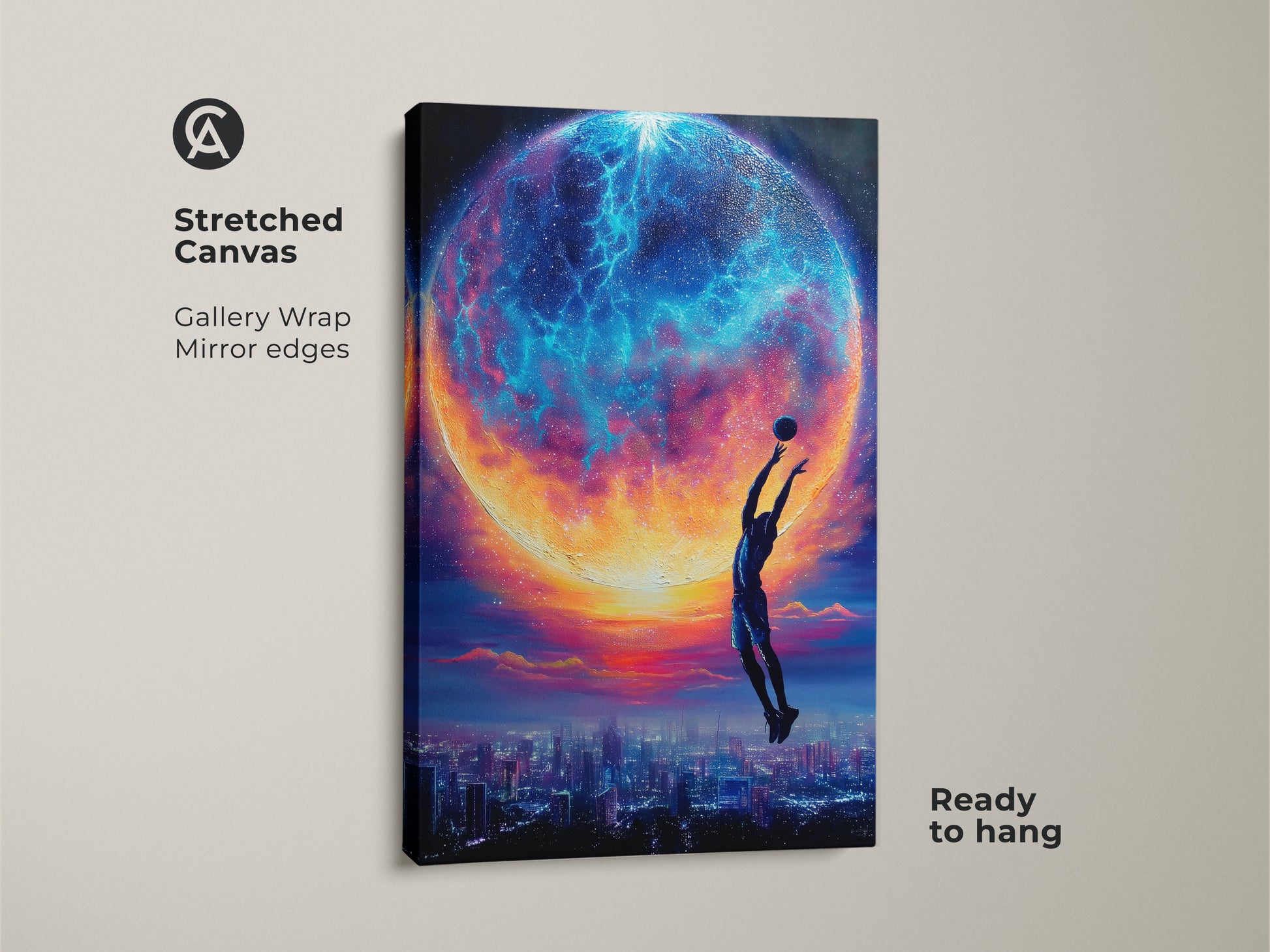 Elevate your decor with this surreal basketball art print. This stretched canvas has mirror edges and is ready to hang. The space planet art creates a dreamy backdrop. The fantasy cityscape wall art pops with blue teal and orange colors. It is perfect for a modern office or a sports-themed room.