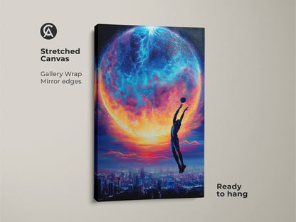 Elevate your decor with this surreal basketball art print. This stretched canvas has mirror edges and is ready to hang. The space planet art creates a dreamy backdrop. The fantasy cityscape wall art pops with blue teal and orange colors. It is perfect for a modern office or a sports-themed room.