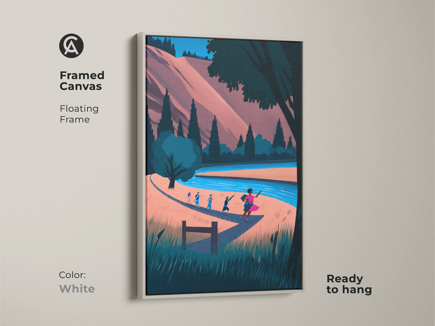 Framed Canvas version of the Boho Nature Artwork. It features hikers by a river in a landscape scene. The floating frame is white. This modern folk art print is ready to hang. The coral blue teal colors add a boho aesthetic to residential wall decor.