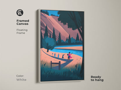 Framed Canvas version of the Boho Nature Artwork. It features hikers by a river in a landscape scene. The floating frame is white. This modern folk art print is ready to hang. The coral blue teal colors add a boho aesthetic to residential wall decor.
