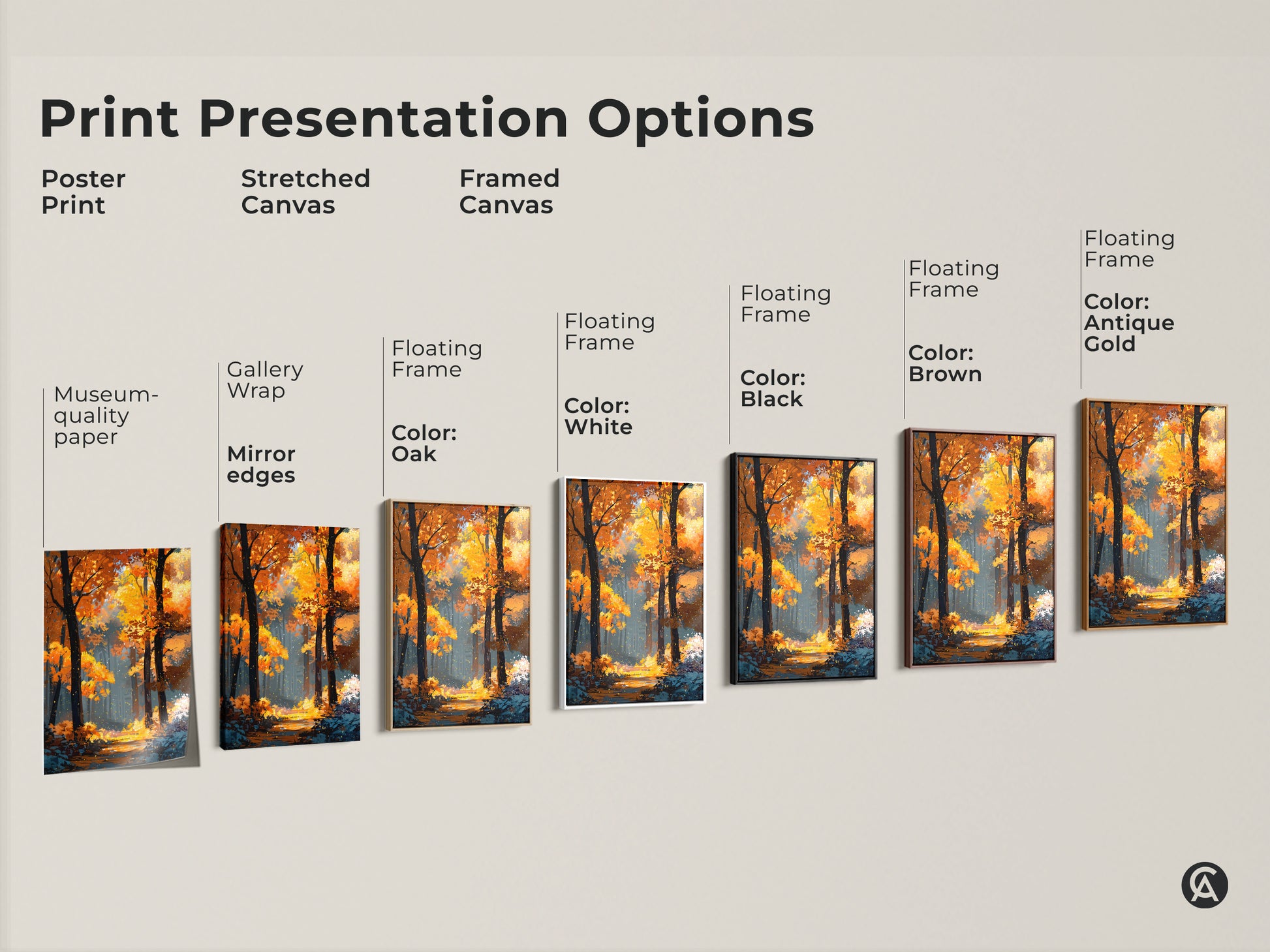 Print presentation options including poster prints stretched canvas and framed canvas. Each features the same stunning autumn forest artwork. Choose the perfect format to showcase this seasonal art.