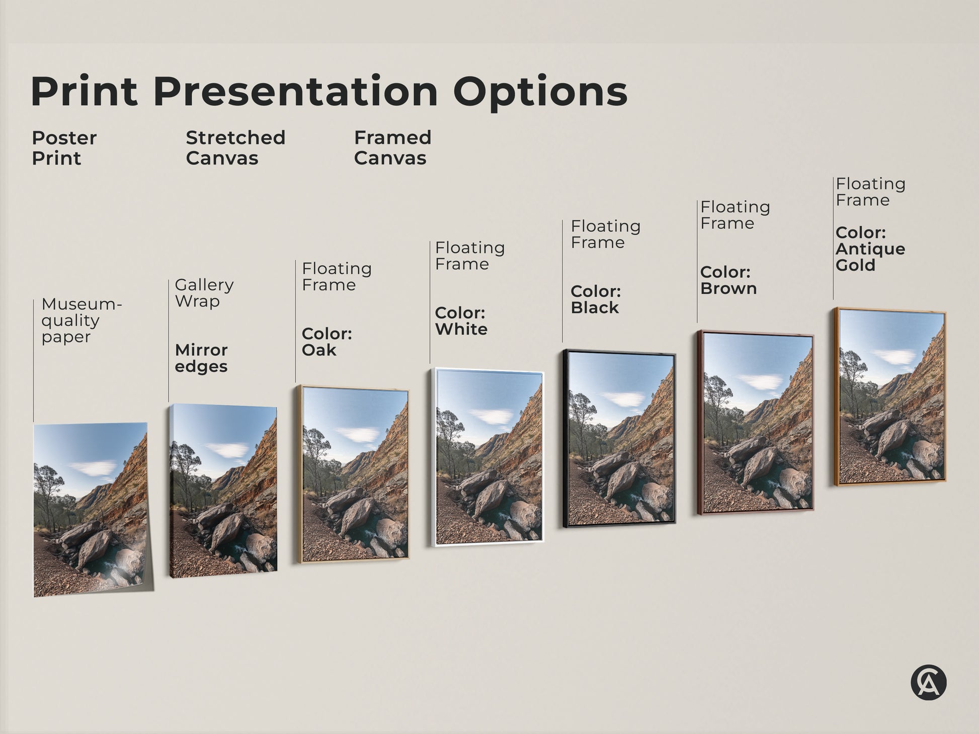 Explore print presentation options for gnarled trees and rocky mountains art. Choose from poster stretched or framed canvas. Each brings a unique touch to this sky blue nature photography. Perfect for rustic home decor or as a hiker gift.