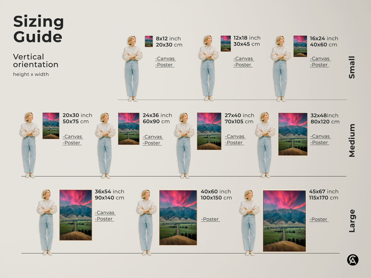 Sizing guide presents vertical orientation of pink sunset mountain artwork. Sizes vary from small to large in canvas and poster prints. Perfect for adding scenic charm to any room. Ideal as scenic bedroom wall art and complements modern farmhouse decor.