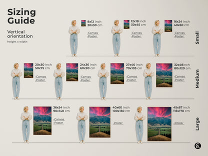 Sizing guide presents vertical orientation of pink sunset mountain artwork. Sizes vary from small to large in canvas and poster prints. Perfect for adding scenic charm to any room. Ideal as scenic bedroom wall art and complements modern farmhouse decor.