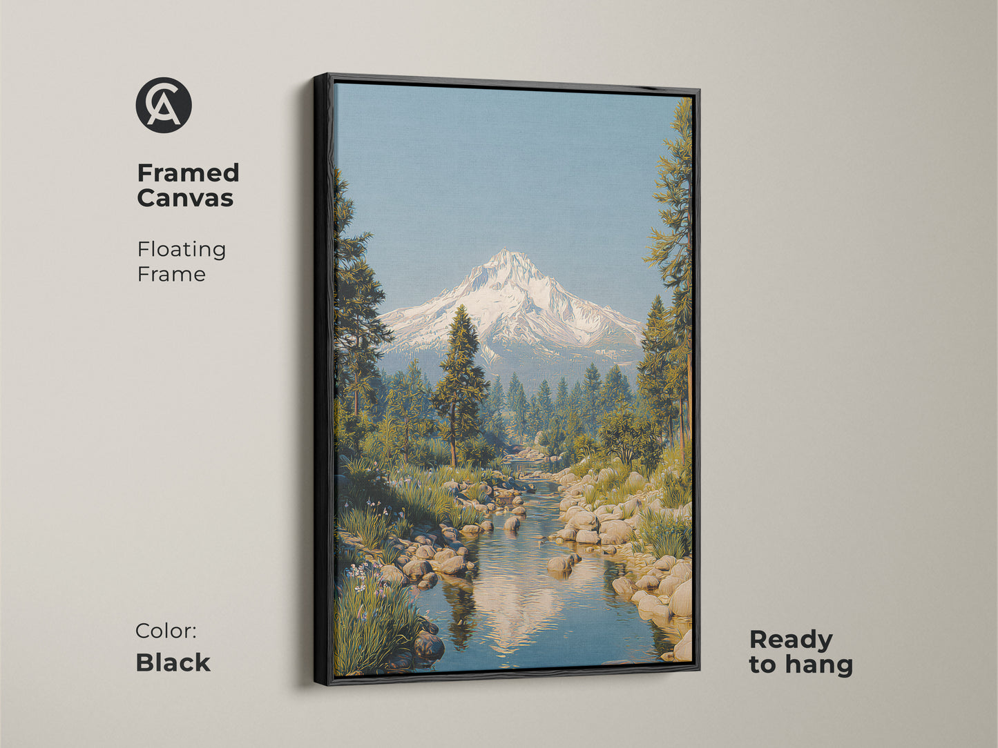 Framed canvas of a rustic mountain river art print with a floating black frame. The snowy peak landscape canvas features pine trees and a blue sky. This scenic nature artwork is ready to hang adding a touch of peacefulness to any room. A great housewarming gift.
