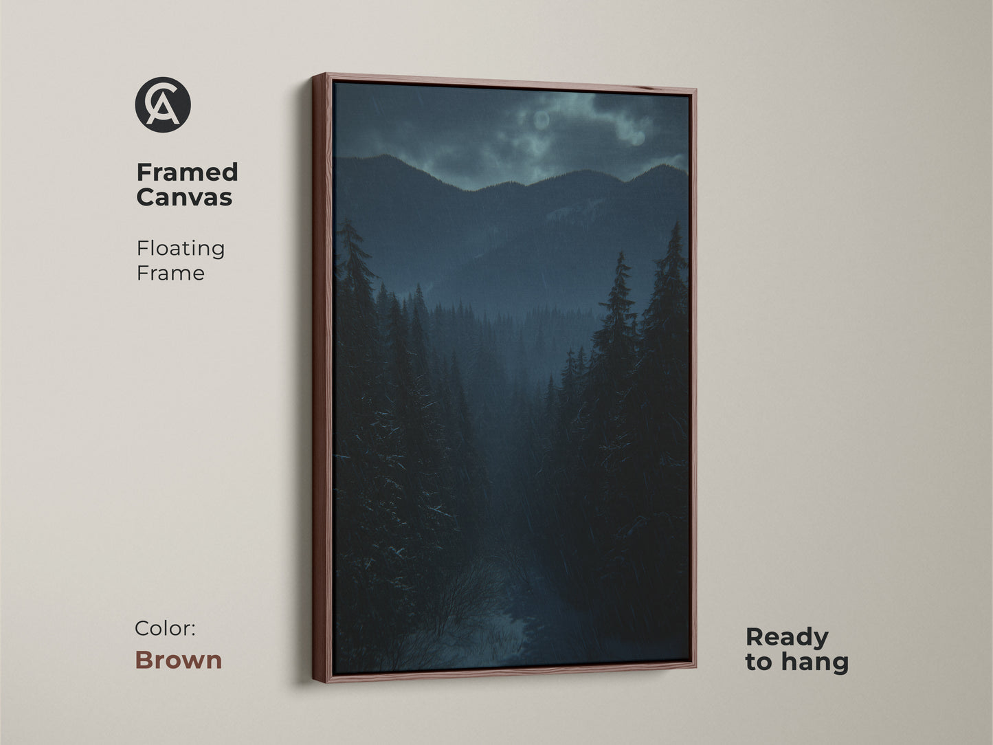 Framed canvas showcasing a deep blue and teal winter landscape. Brown floating frame complements the rustic cabin decor. This moody mountain wall art is ready to hang. The serene winter art stands out.