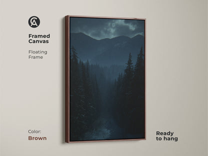Framed canvas showcasing a deep blue and teal winter landscape. Brown floating frame complements the rustic cabin decor. This moody mountain wall art is ready to hang. The serene winter art stands out.