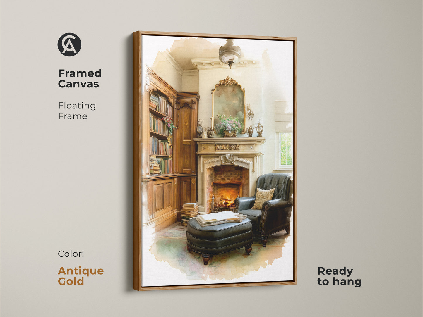 Framed canvas art of a cozy library featuring a fireplace a leather armchair. The antique gold floating frame enhances its classic charm. This timeless art is ready to hang. A perfect gift for those who love traditional home decor. The warm tones create a sophisticated living space.