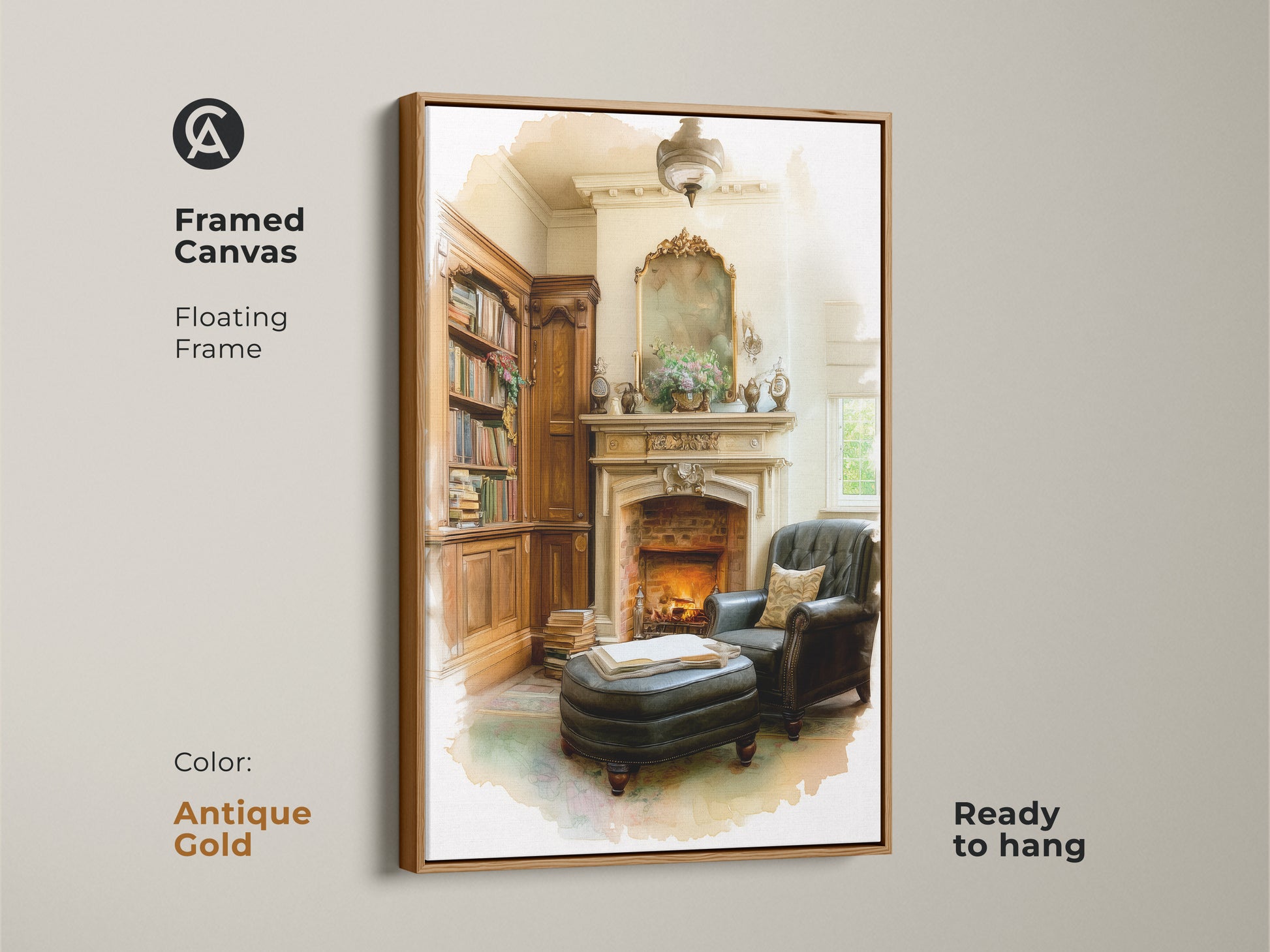 Framed canvas art of a cozy library featuring a fireplace a leather armchair. The antique gold floating frame enhances its classic charm. This timeless art is ready to hang. A perfect gift for those who love traditional home decor. The warm tones create a sophisticated living space.