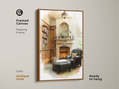 Framed canvas art of a cozy library featuring a fireplace a leather armchair. The antique gold floating frame enhances its classic charm. This timeless art is ready to hang. A perfect gift for those who love traditional home decor. The warm tones create a sophisticated living space.