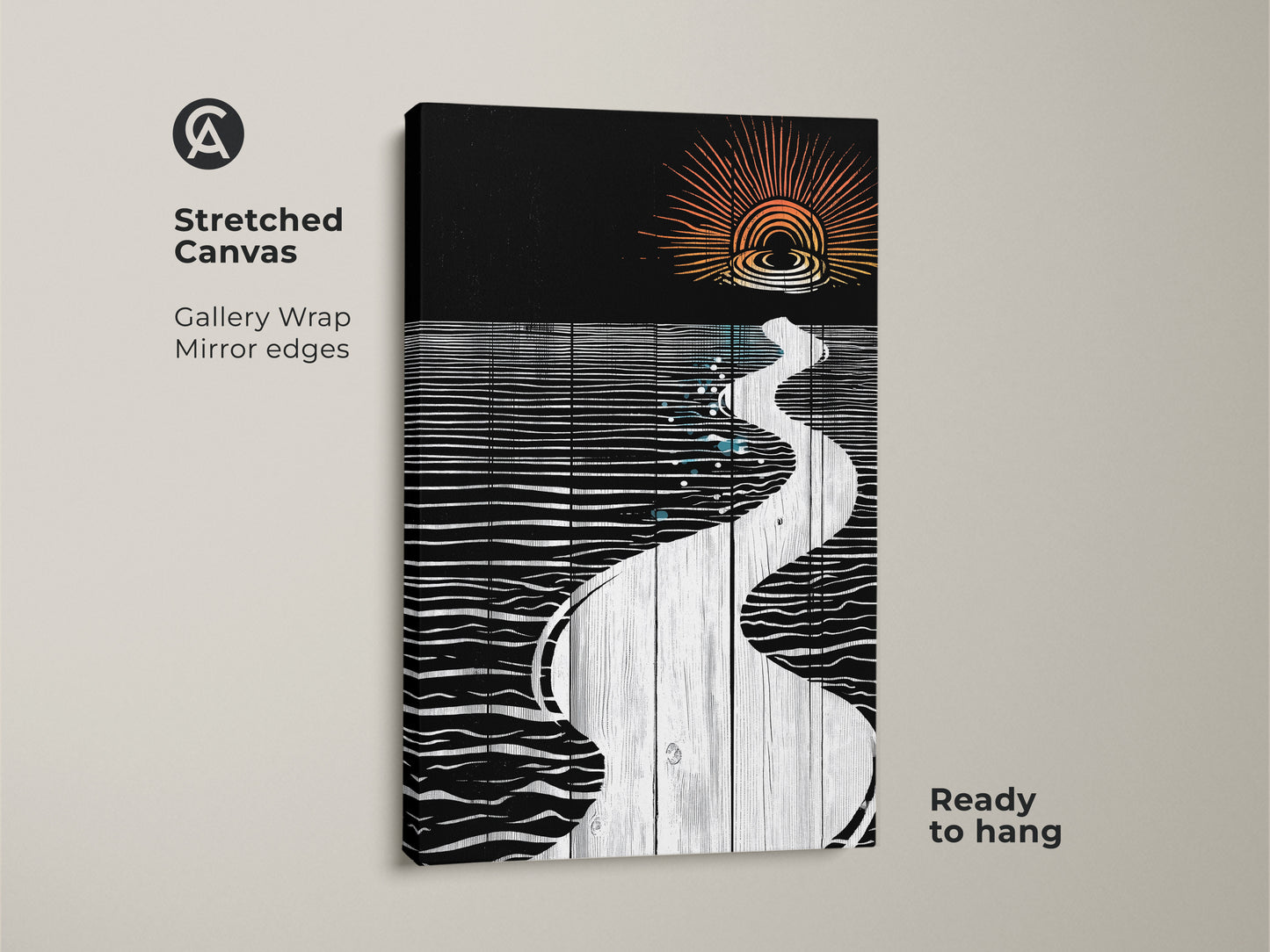 Stretched canvas art showcasing an abstract river sunset in minimalist linocut style. The gallery wrap with mirror edges adds depth. Ready to hang for a modern bedroom art.