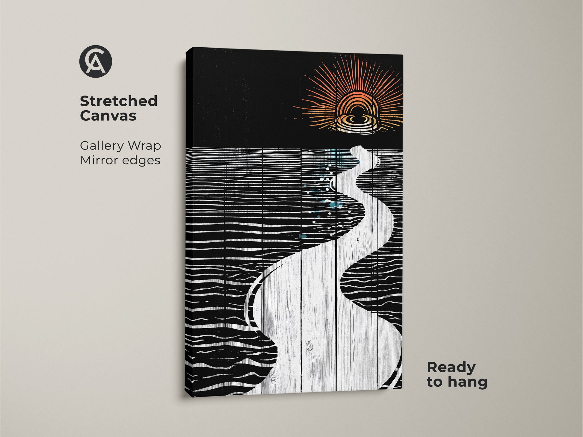 Stretched canvas art showcasing an abstract river sunset in minimalist linocut style. The gallery wrap with mirror edges adds depth. Ready to hang for a modern bedroom art.
