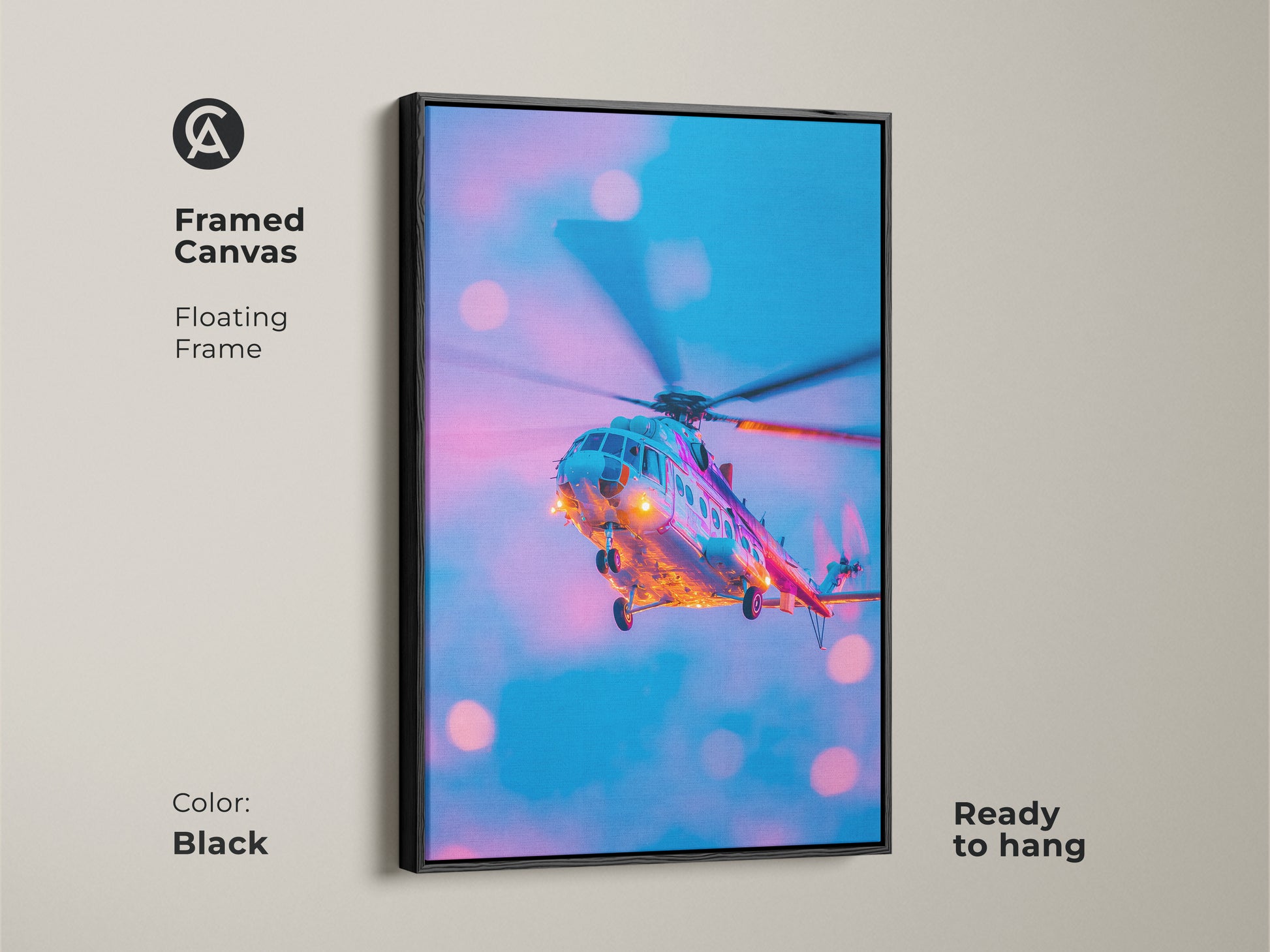 Black framed canvas art of a helicopter. This ready-to-hang artwork features a sleek black floating frame. The vibrant helicopter art adds a modern touch to any room. An ideal choice for aviation art collectors. Enhance your decor with this stunning piece.