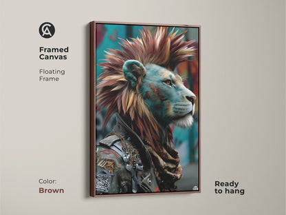 Framed Canvas featuring punk rock lion art. This Mohawk King wall art is in a floating brown frame and ready to hang. Red and teal animal poster creates a unique bedroom art piece or edgy home interior. Perfect eclectic man cave decor.