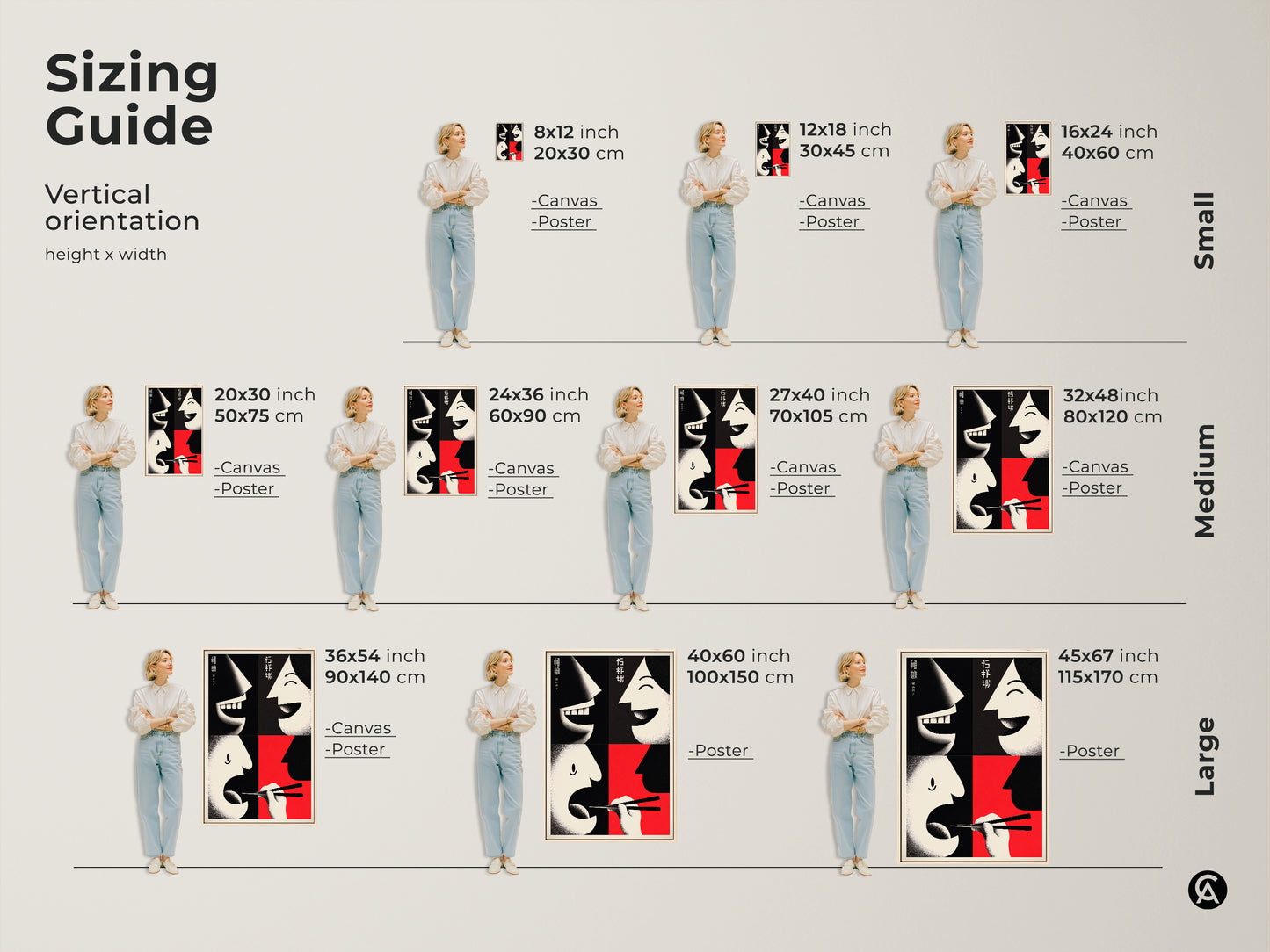 Explore our sizing guide for Faces & Chopsticks Canvas Print. Small medium and large vertical orientations are available. Choose from Canvas or Poster for each size. Enhance your home with abstract faces wall art. Order your piece today.