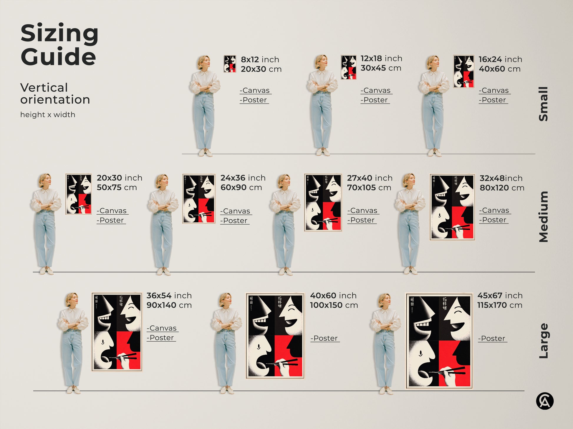 Explore our sizing guide for Faces & Chopsticks Canvas Print. Small medium and large vertical orientations are available. Choose from Canvas or Poster for each size. Enhance your home with abstract faces wall art. Order your piece today.