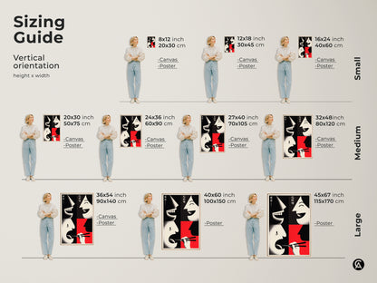 Explore our sizing guide for Faces & Chopsticks Canvas Print. Small medium and large vertical orientations are available. Choose from Canvas or Poster for each size. Enhance your home with abstract faces wall art. Order your piece today.