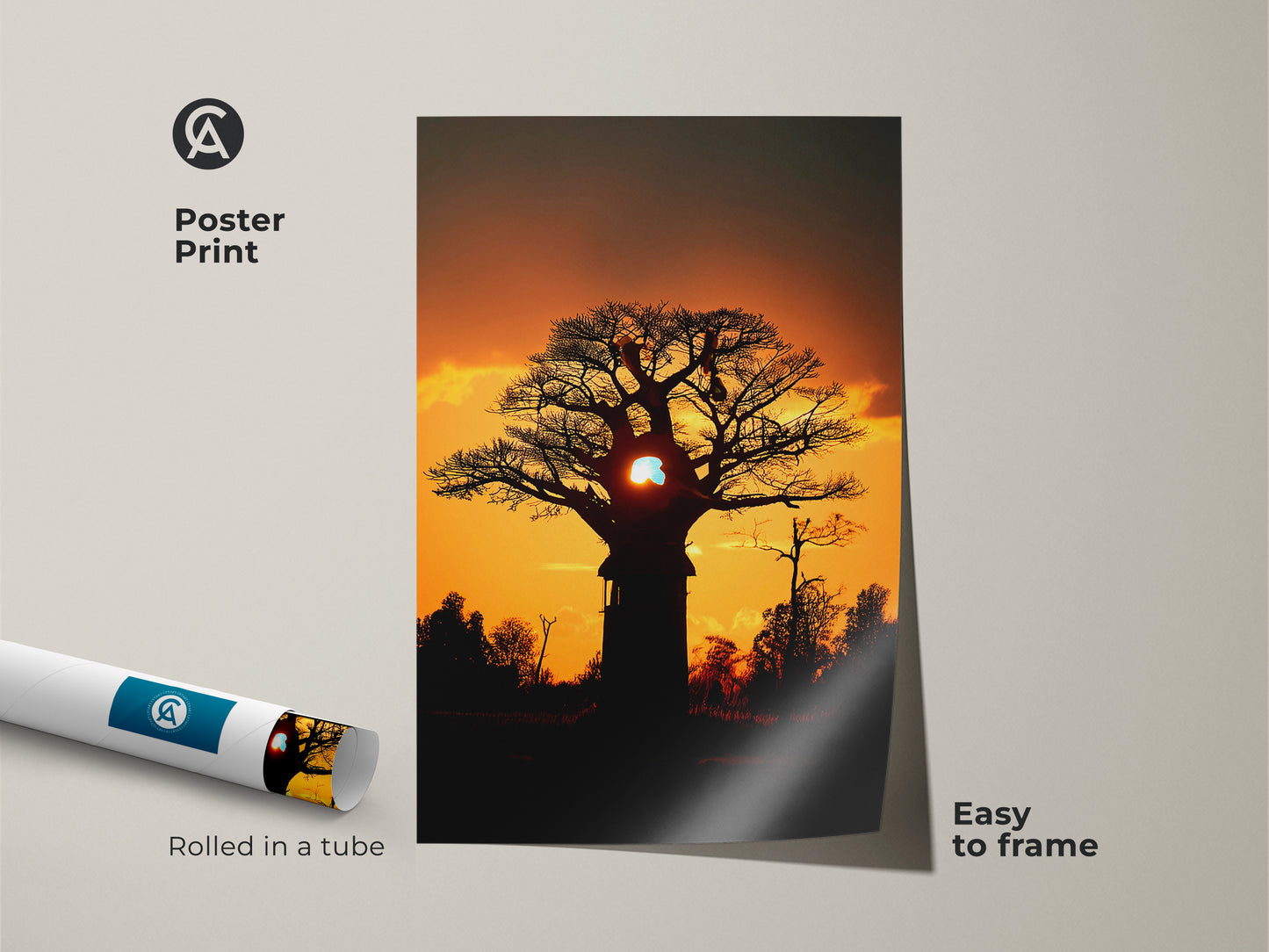 Poster print of a silhouetted baobab tree against a dramatic sky. Rolled in a tube and easy to frame. Perfect orange yellow nature print for eclectic spaces. This african sunset baobab tree art brings the savanna to your home. A unique wall hanging art piece.