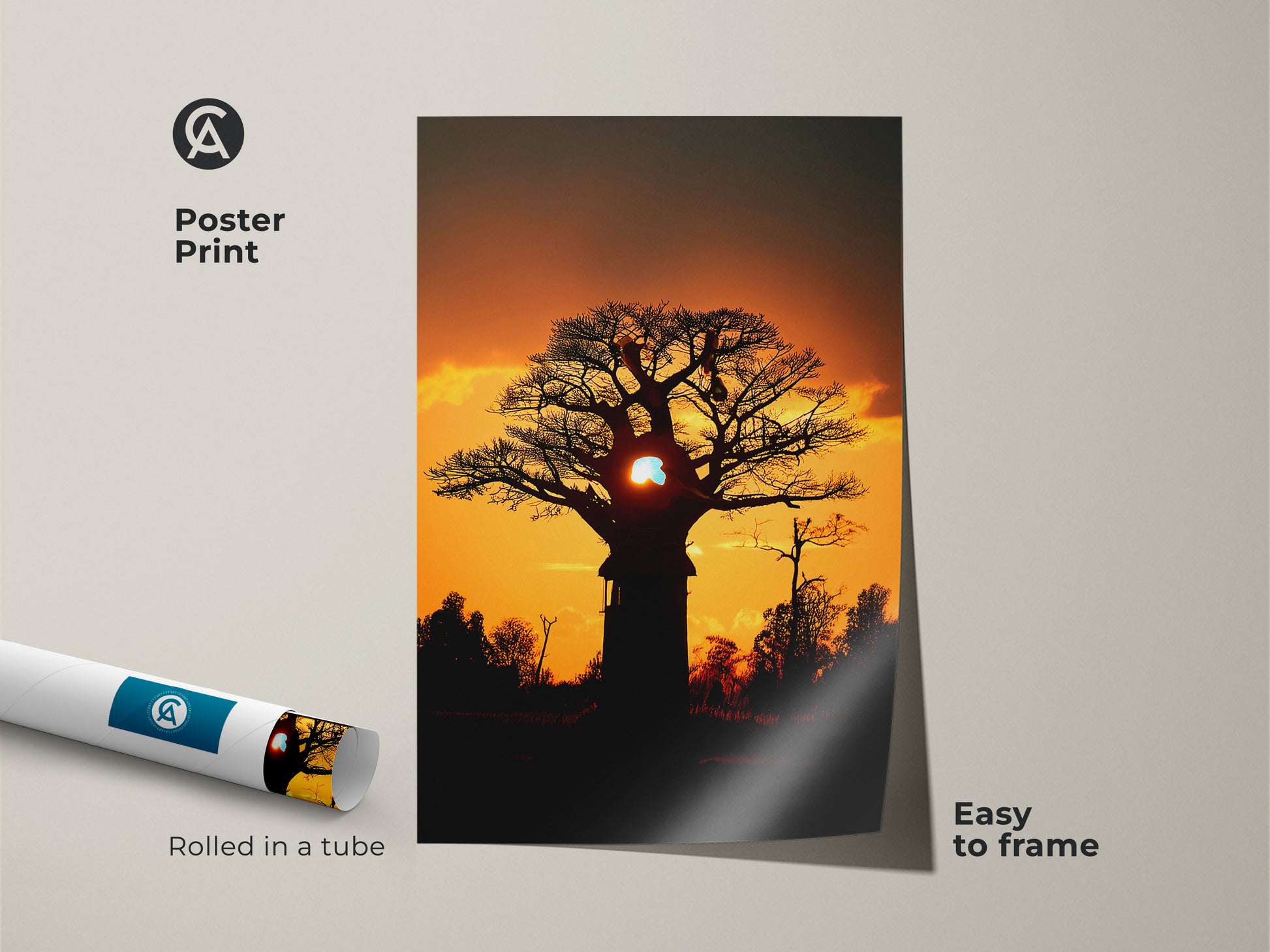 Poster print of a silhouetted baobab tree against a dramatic sky. Rolled in a tube and easy to frame. Perfect orange yellow nature print for eclectic spaces. This african sunset baobab tree art brings the savanna to your home. A unique wall hanging art piece.