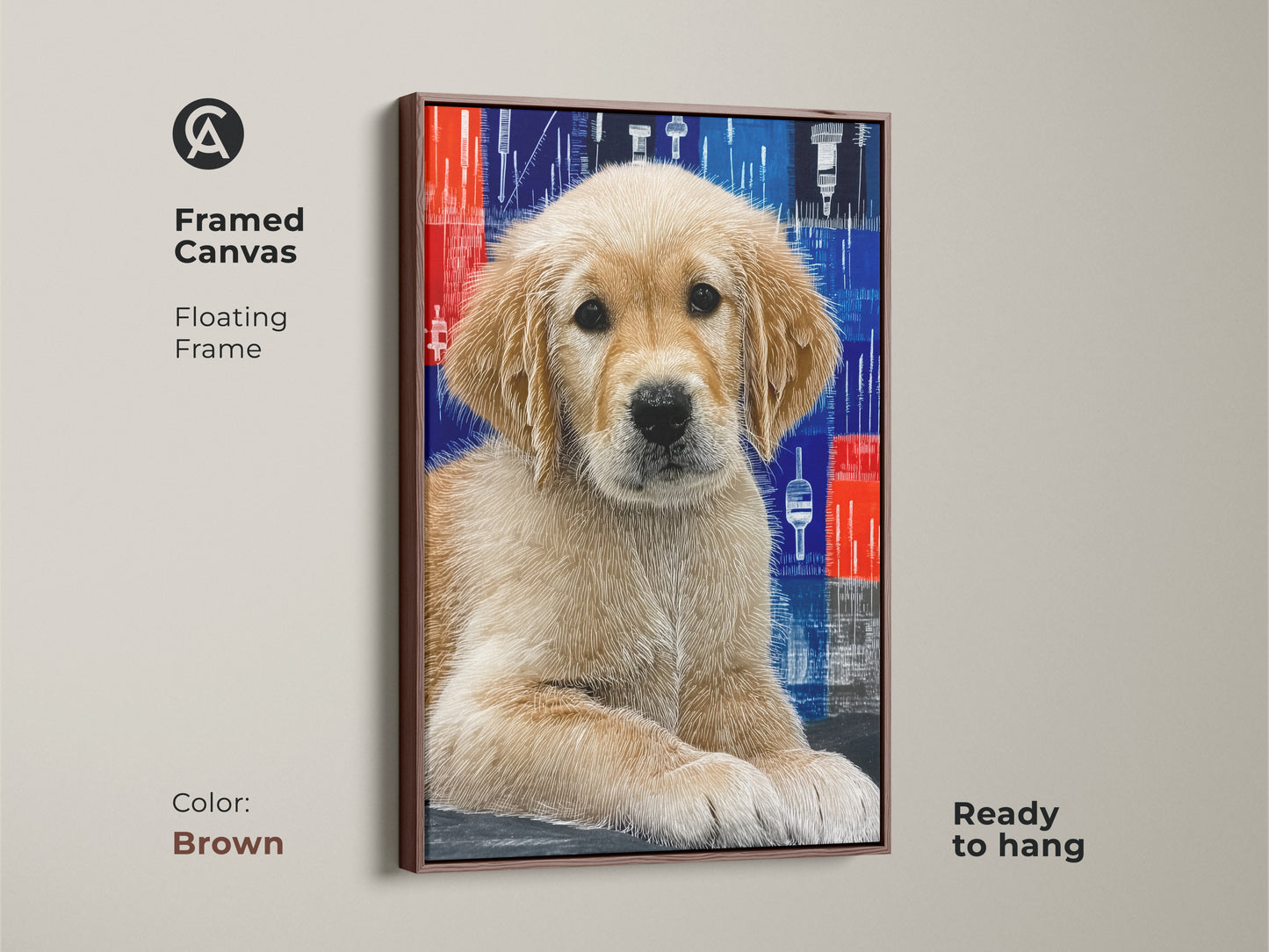 A framed canvas with a floating brown frame displays a charming Golden Retriever puppy in abstract art. The contemporary blue and red background accentuates the puppy's innocence. This ready to hang modern animal art serves as a unique decor piece or a heartwarming gift for dog lovers.