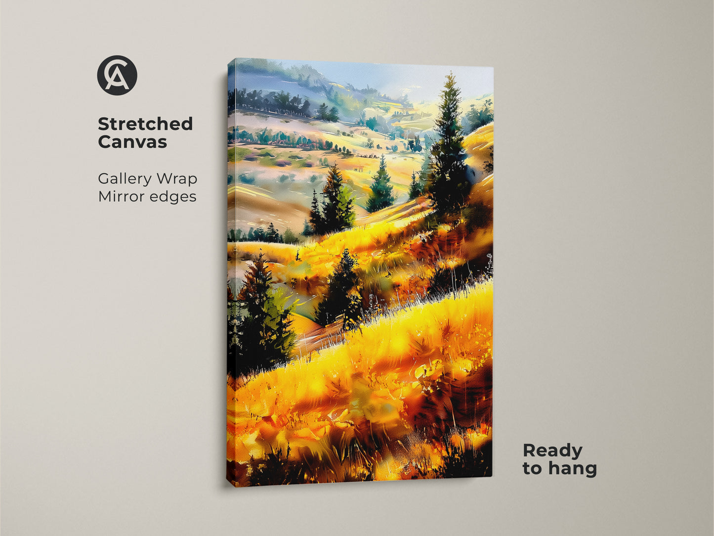 Stretched canvas art showcases rolling golden hills and evergreen trees. This gallery-wrapped print with mirror edges is ready to hang. The impressionistic landscape adds rustic charm to any space. It's a beautiful way to bring nature indoors. Ideal for nature lovers seeking natural beauty in their home decor.