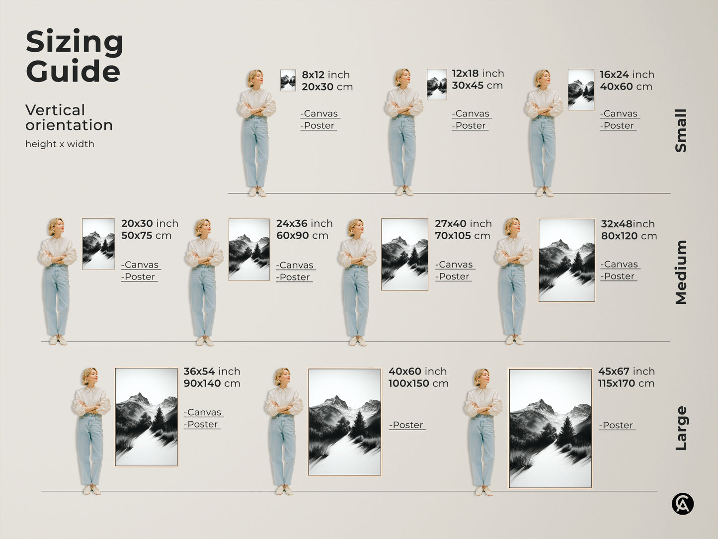 Sizing Guide for vertical mountain path art. It showcases different sizes for canvas & poster options. Ranging from small medium & large art pieces. Ideal for various spaces and preferences.