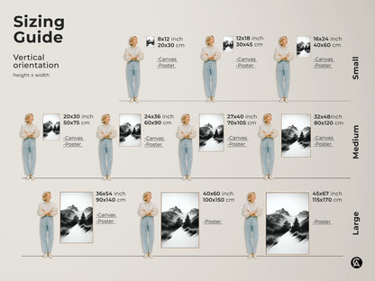 Sizing Guide for vertical mountain path art. It showcases different sizes for canvas & poster options. Ranging from small medium & large art pieces. Ideal for various spaces and preferences.