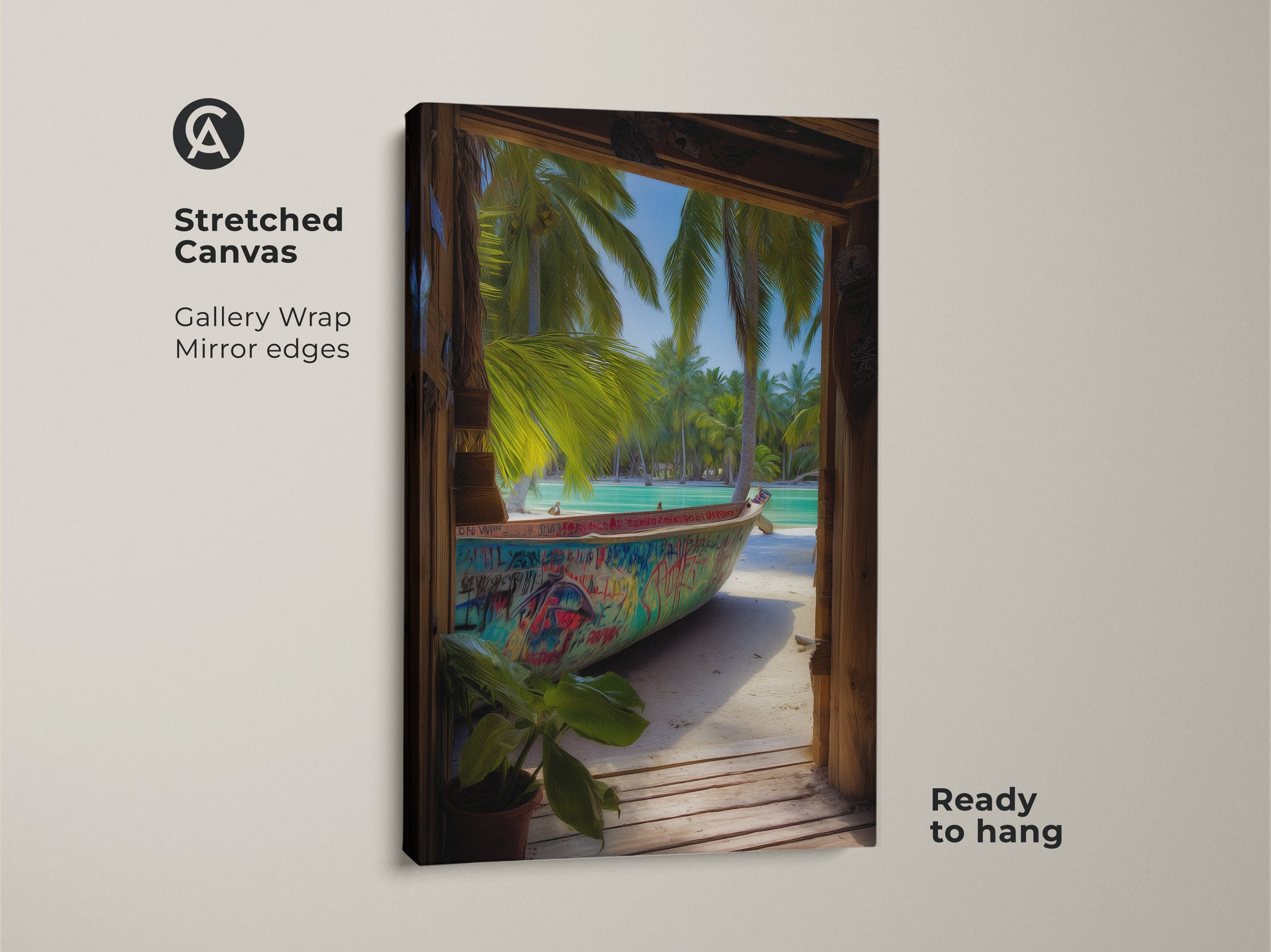 A stretched canvas showcases graffiti boat art with a gallery wrap. This vibrant tropical art features palm trees and aqua hues. Ready to hang this bohemian wall decor.