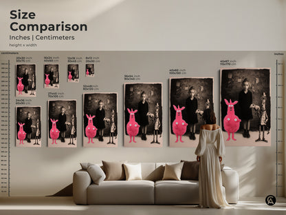 Size comparison of a surreal art print featuring a girl with a pink creature. See how different sizes look above a sofa. Available in various dimensions for canvas and poster prints. Perfect for adding a unique touch to your living room decor.