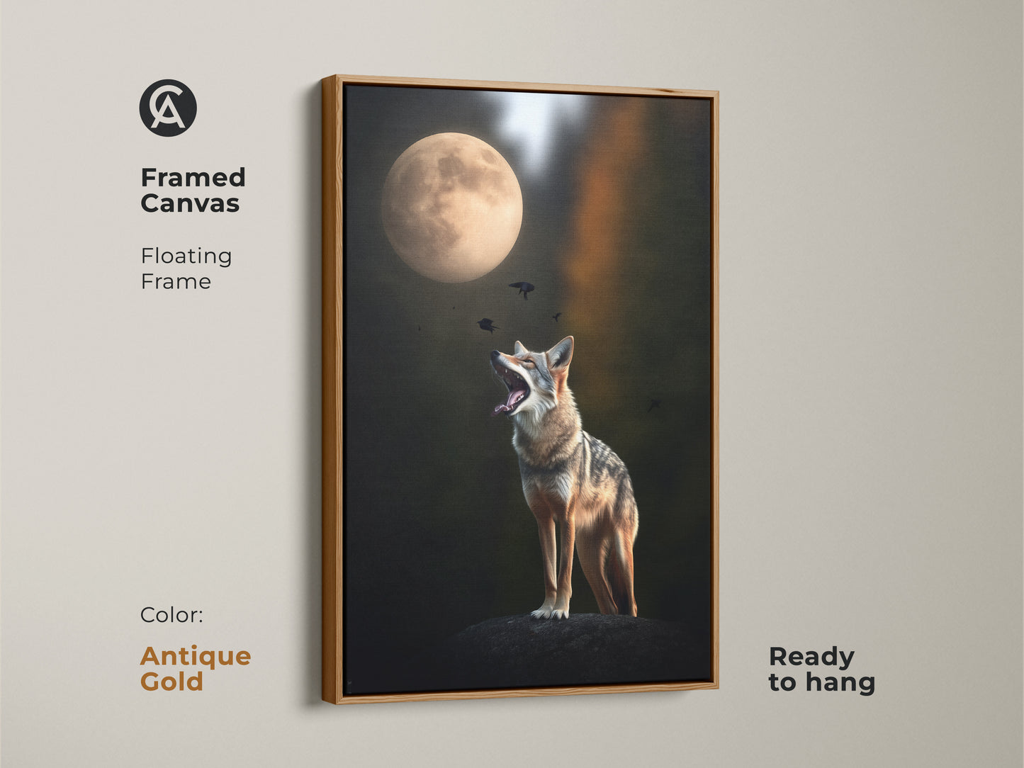 Framed canvas print showcasing a coyote howling at the moon. This tan and green home decor is set in an antique gold floating frame. It adds a touch of elegance to any room. A unique wildlife artwork perfect for animal lovers.
