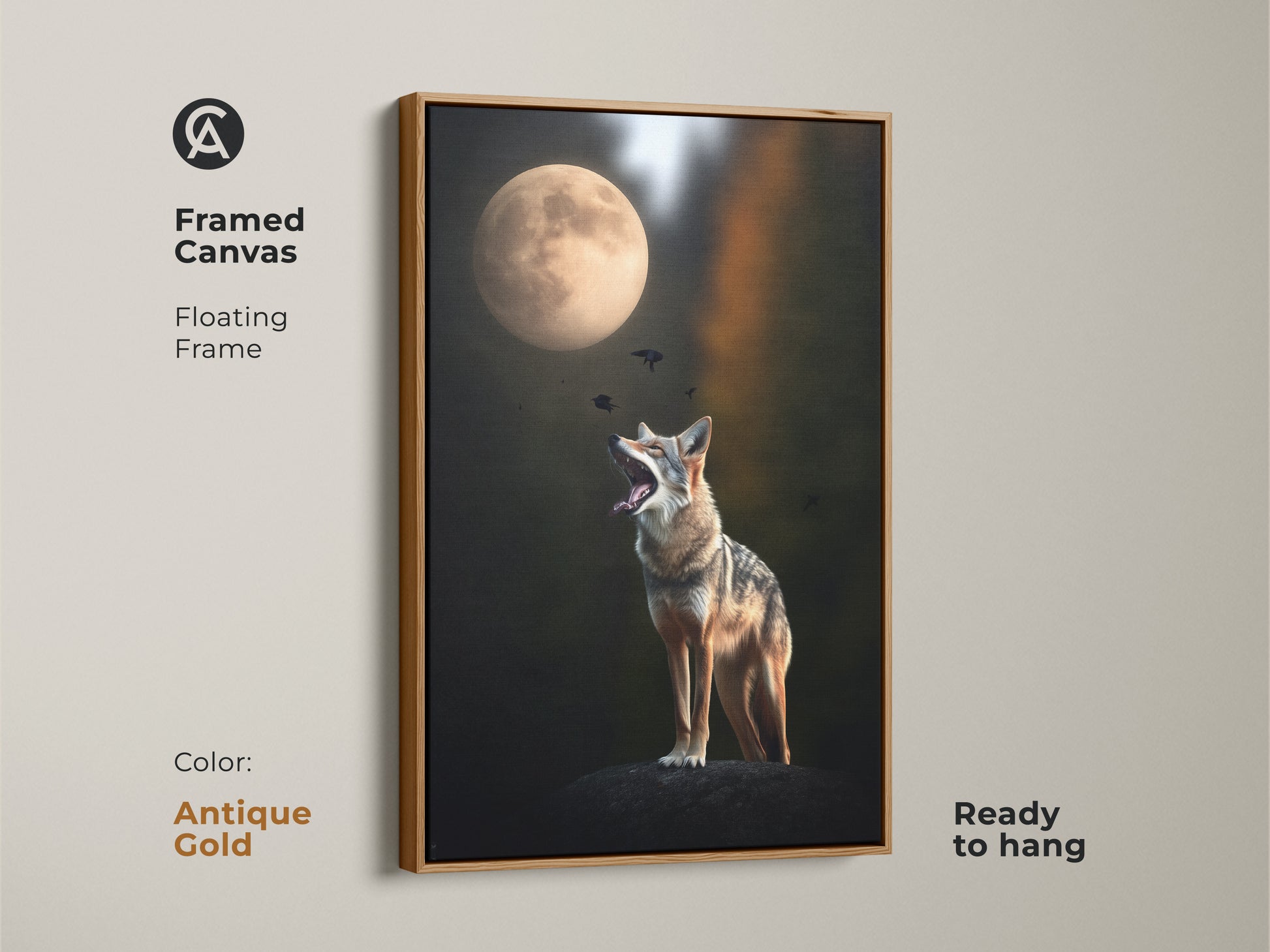 Framed canvas print showcasing a coyote howling at the moon. This tan and green home decor is set in an antique gold floating frame. It adds a touch of elegance to any room. A unique wildlife artwork perfect for animal lovers.
