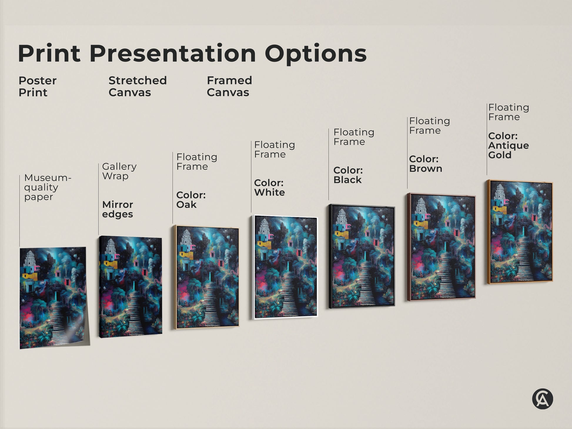 Sizing guide for vertical art prints. See the sizes for canvas and posters. Ranging from small to large. Visualize the ideal fit for surreal temple art in your space today.