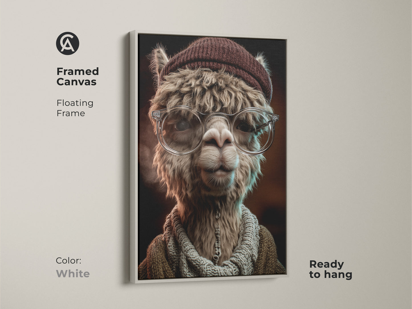 Framed canvas of the Alpaca artwork in white. Floating frame enhances its contemporary style. The animal face wall art is ready to hang. Ideal as a gift or a stylish home decor accent.