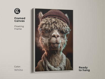 Framed canvas of the Alpaca artwork in white. Floating frame enhances its contemporary style. The animal face wall art is ready to hang. Ideal as a gift or a stylish home decor accent.